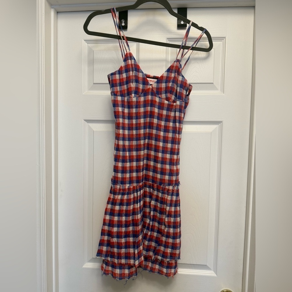 Fiorucci Women’s Red White And Blue Checkered Plaid Mini Dress Size 26 NWT